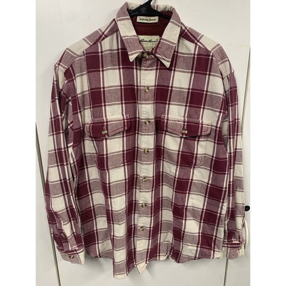 Vintage Eddie Bauer Mens  McKinley Flannel Maroon & White Shirt Button Up  Plaid - Picture 1 of 11